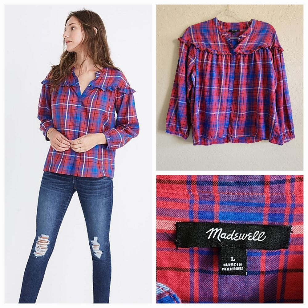 Madewell Plaid Shirred Button-down‎ Top Large